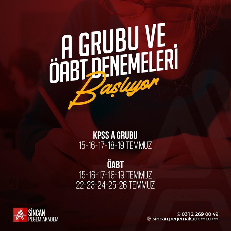 1- A Grubu - ÖABT SERİ DENEME KAMPI başlıyor 2- Deneme Sınavları saat 10:00 ve 18:30 olmak üzere 2 farklı seansta uygulanacaktır. Aday dilediği seansa katılabilir.İsim yazdırılmayacaktır... 3- Ücret dahilinde denemelere dışarıdan katılım mümkündür. Sınava katılmak isteyen adaylar sınav ücretini yatırdıktan ve sınav giriş kartını aldıktan sonra sınava katılabilirler. Sınav giriş kartları sınavdan en geç 15 dk. Önce teslim alınmalıdır.Sınavda dışarıdan katılım için oturum ücreti 20 TL dir. 4- Deneme sınavları ve tekrarlar Sincan Pegem Akademi'de olacaktır. 5- A grubu ve ÖABT Puan hesaplaması ile ilgili Sincan Pegem Akademi öğrencilerimizin girmiş oldukları 15.TG - GYGK/EB Sınav netleri baz alınacaktır. 6- Kursiyerlerimizin, kayıtlı oldukları program dışında diğer sınavlara ücretsiz katılımı söz konusu değildir. Bu durumda olan kursiyerlerimizin de kayıtlı oldukları program dışındaki diğer sınavlara katılabilmesi için mutlaka sınav giriş ücreti yatırması ve ayrıca sınav giriş kartı alması gerekmektedir. 7-Adayların Deneme sınavlarına sınav saatinden en geç 10 dk. Önce isim yazdırılan salonda yer almaları tavsiye olunur. Deneme sınavı başladıktan sonra gelen adaylar sınav salonuna alınmayacaktır. 8-Sınav tarihinin başladığı tarihten itibaren deneme sınavına katılmayan adaylar kitapçıklarını en geç 10 gün içerisinde idareden sınav giriş kartları ile birlikte teslim alabilirler. 10.günden sonra kitapçık teslim mümkün olmamaktır ve kitapçıklar geri dönüşüme gönderilmektedir.⠀